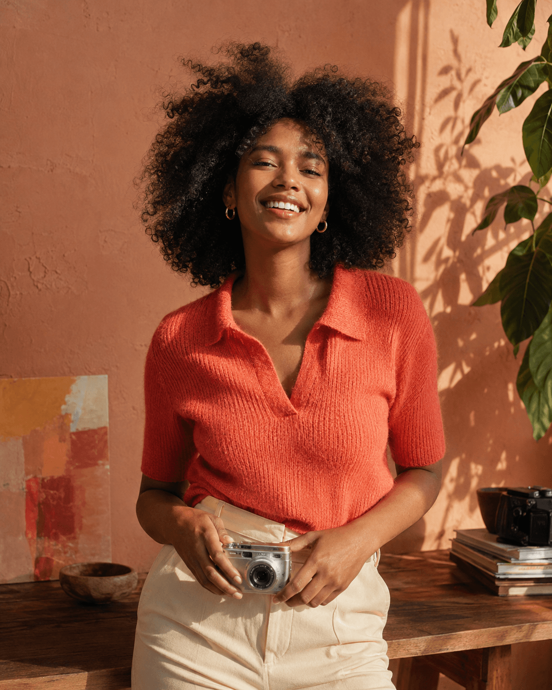 Fictional creator Nia smiling in a sunlit studio, holding her camera